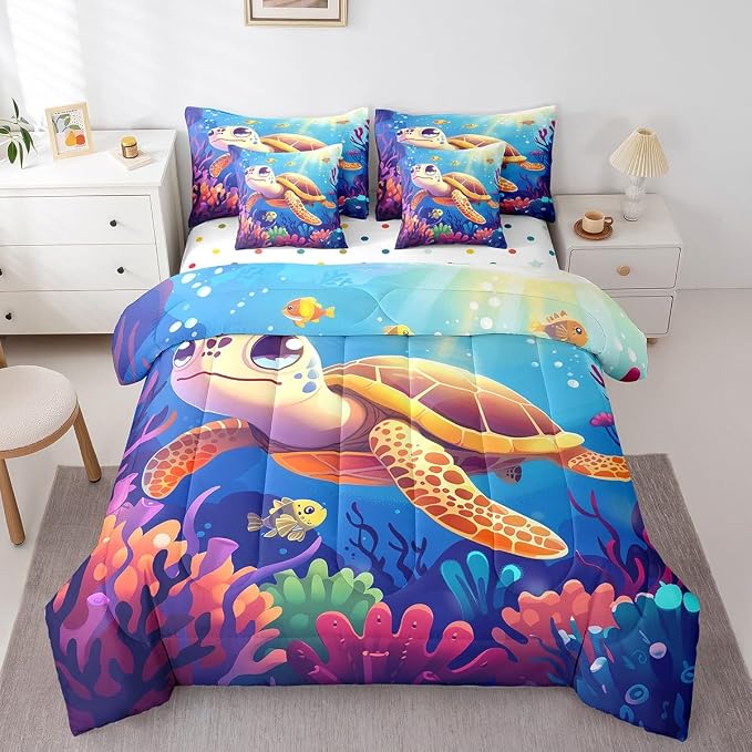 Erosebridal Turtle King Size Comforter Set with Sheets, Marine Life Bed in A Bag for Kids Teens Youth Adults Bedroom, Underwater World Sea Animal 7 Pcs Bedding Set, Colourful Coral Bed Sets - Image 3