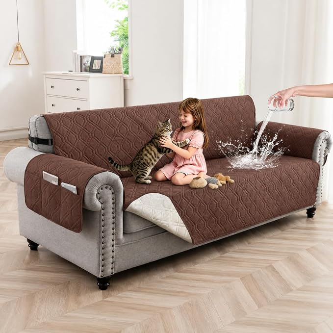 100% Waterproof Couch Cover,Straps&Pockets,pet Friendly,78" Coffee | Washable sofa cover, pet-friendly, scratch-resistant furniture protector, quilted sofa cover, reversible, non-slip backing. by Unknown