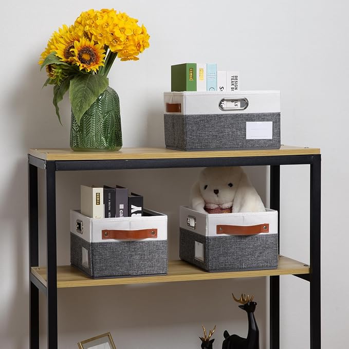 PRANDOM Foldable Storage Bins with Handles [3-Pack] Fabric Collapsible Storage Boxes Baskets Cubes Containers with Handles for Closet Living Room Bedroom (Grey & White 11.5x8.5x6.7'') - Image 2