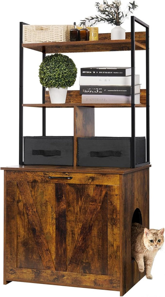 Dwanton Litter Box Enclosure with 2 Storage Shelves and 2 Drawers, 2-in-1 Hidden Cat Litter Box Enclosure Furniture with Shelf, Reversible Entrance, Washable Drawers, 50-Inch, Rustic Brown by DWANTON
