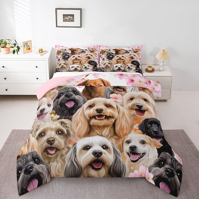 Feelyou Dog Cat Comforter Set Lover's Pet Bedding Set for Kids Boys Girls Floral Animal Pink Comforter Lovely Pet Animal Decor Quilt Room 2Pcs Twin Size Boys - Image 4