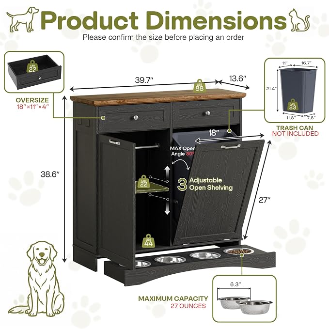 Furnaza Pet Feeding Station with 4 Bowls,Dual Doors Dog Cabinet Storage | Black 39.7"W Dual Doors Pet feeding station with storage for dogs and cats, Pet Food Storage for Kitchen, Living Room - Image 3