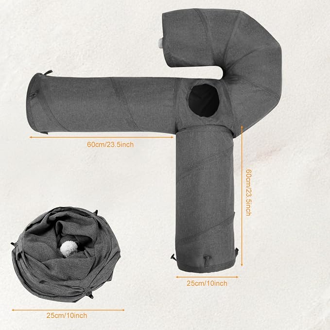 Ownpets Cat Tunnel Large 3 Way Collapsible Cloth Pet Tunnel Tube with Plush Ball & Feather Toy, U-Shaped Cat Play Tunnel for Indoor Cat, Puppy, Kitty, Kitten, Rabbit(Gray) - Image 7