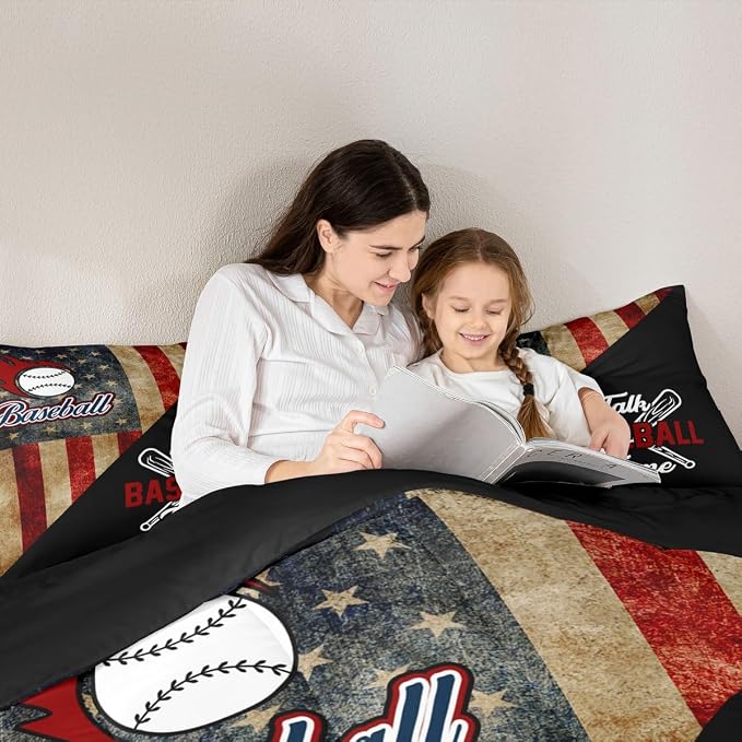 Baseball Boys Comforter Set Full Size,American USA Flag Retro Bedding Set,Kids Girls Adults Bedroom Decor,Baseball Bats Sport Games Down Comforter,Black Splicing Duvet Insert,3pcs,2 Pillowcases - Image 2