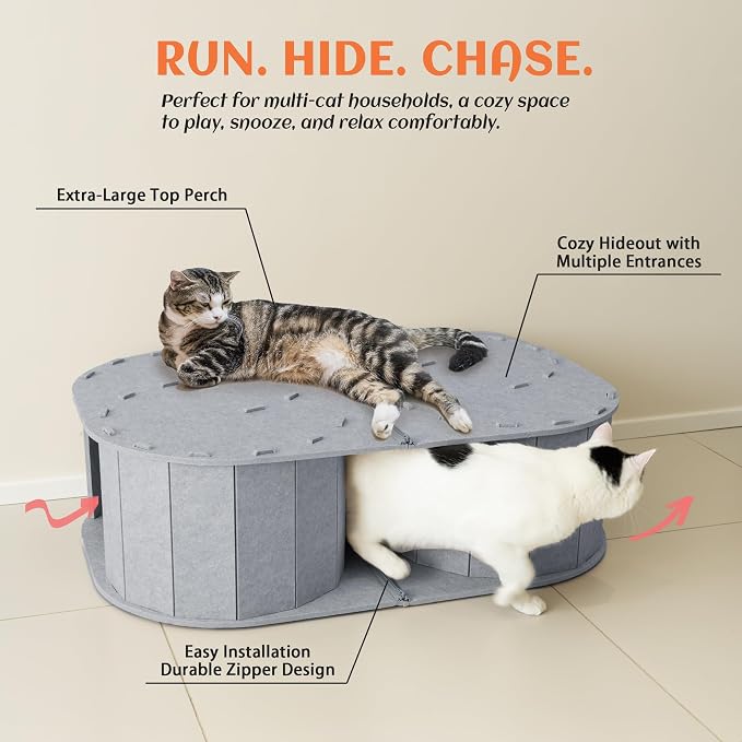 PETKARAY Large Felt Cat Tunnel, Double S-Shaped Hideaway for Indoor Cats, Interactive Cat Bed Cave and Hideout, 34x22.8x10.2 inches Grey - Image 3