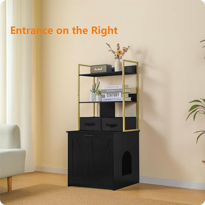 Dwanton Litter Box Enclosure with 2 Storage Shelves and 2 Drawers, 2-in-1 Hidden Cat Litter Box Enclosure Furniture with Shelf, Reversible Entrance, Washable Drawers, 50-Inch, Black+Gold - Image 4