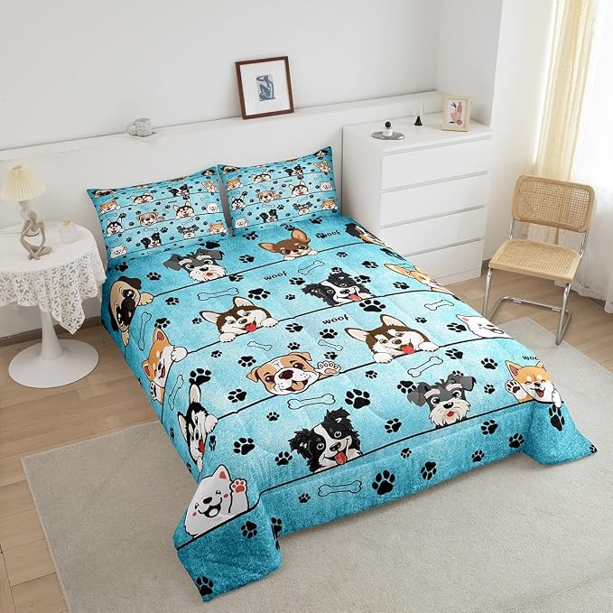 Manfei Cute Dog Comforter Set for Kids Room Decor Cartoon Puppy Pet Animals Bedding Comforter Full Size Black Paw Print Blue Soft Polyester Quilt Set with 2 Pillowcases - Image 3