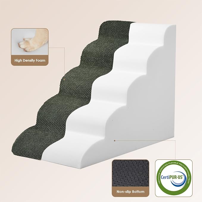EHEYCIGA Curved Dog Stairs Ramp for High Beds 22.6" H, 5-Step Dog Steps for Small Dogs and Cats, Pet Stairs for High Bed Climbing, Non-Slip Balanced Pet Step Indoor, Military Green - Image 2