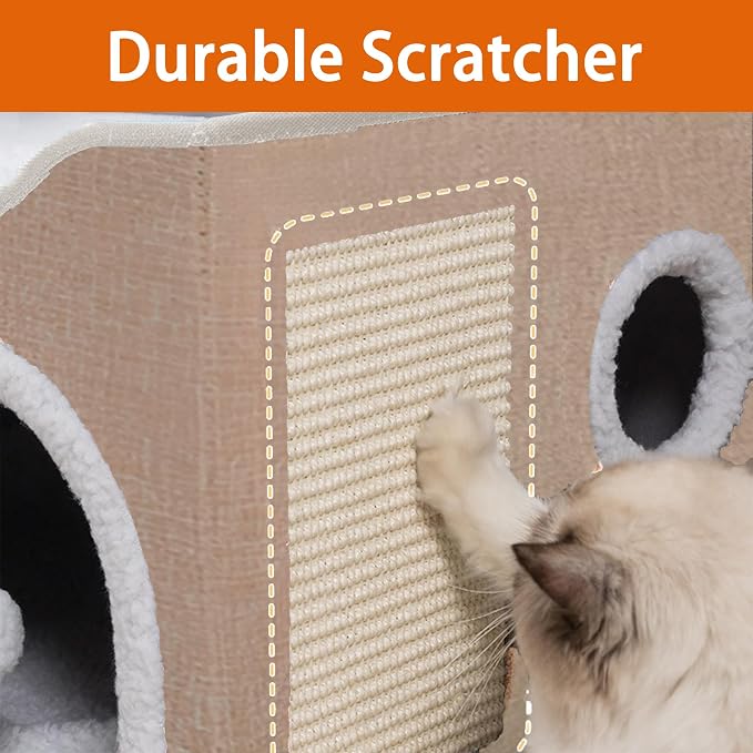 Loyareal Cat Houses for Indoor Cats - Large Cat Bed Cave with Scratch Pad and Fluffy Ball, Foldable Cat Condo Hideaway with Reversible Cushion for Multi Small Pet, Khaki - Image 3