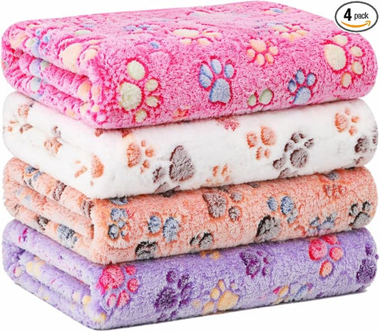 Tatuo 4 Pack Fleece Dog Blankets for Puppy Cats Multi-Size Sleep Mat for Pet Guinea Pig Soft Washable Warm Crate Bed Puppy Teething Toys Print Pattern Blanket Indoor(Mixed Color,51 x 63 Inch,Paw) by Tatuo