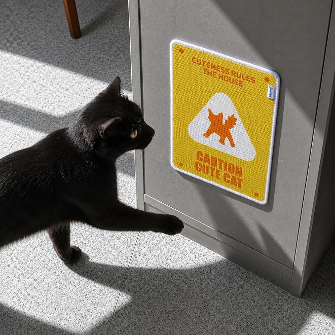 Wall Mounted Sisal Cat Scratcher Mat, Cat Scratch Pad, Natural Sisal Scratcher for Couch, Space Saving Cat Scratching Mat for Indoor Cats (Caution Cute Sign, Medium) by RollinnLiving