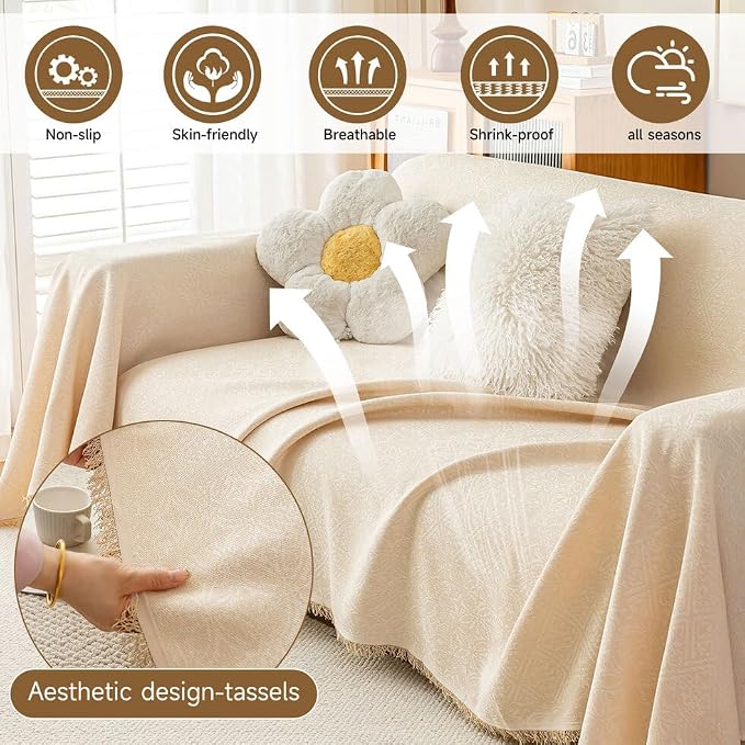 ROOMLIFE Boho Beige Couch Cover for Dogs, Washable Non Slip Furniture Protector Couch Sofa Covers for 3 Cushion Couch, Soft Breathable Sofa Slipcovers Couch Cover Throw Blanket with Tassels71''X150'' - Image 3