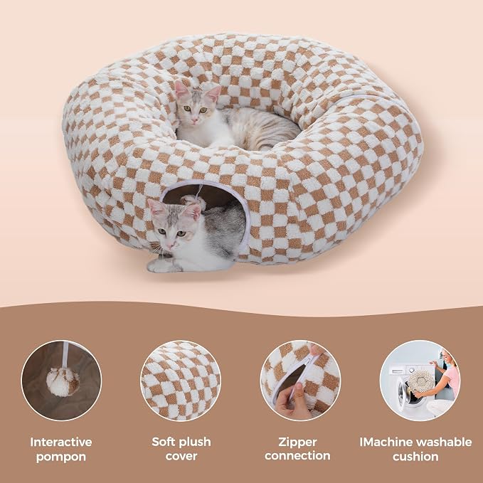 PEQULTI Cat Tunnel with Cat Bed for Indoor Cats, Cat Play Donut Tunnel with Washable Soft Plush Mat, Round Tunnel Toys Cute Tube for Kittens, Puppies, Rabbits and Ferrets, Brown - Image 4