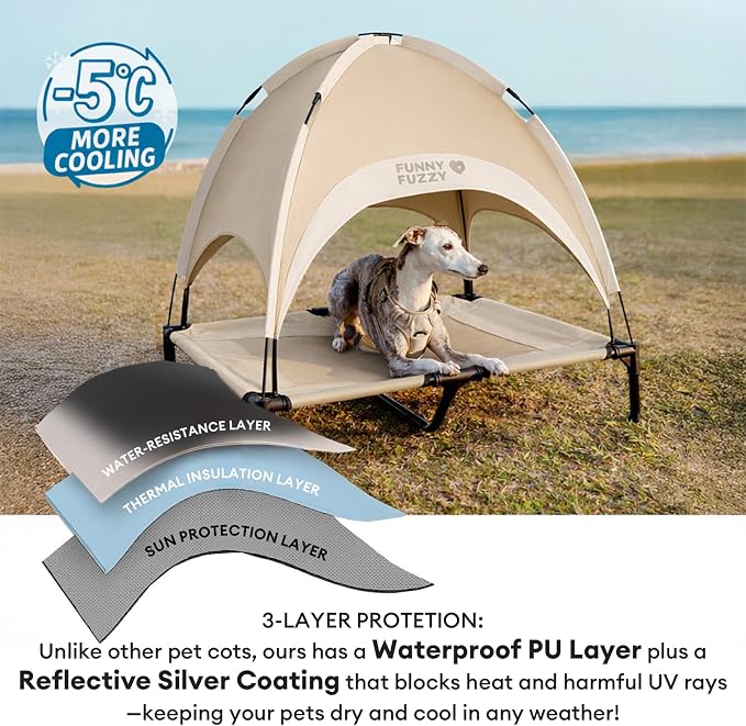 FUNNY FUZZY Elevated Dog Bed with Canopy for Large Dogs up to 120 lbs– Raised Dog Cot Bed with UV Shade,Waterproof,Breathable Mesh,Outdoor & Indoor Use,Portable,Khaki(36"×30"×7") - Image 3