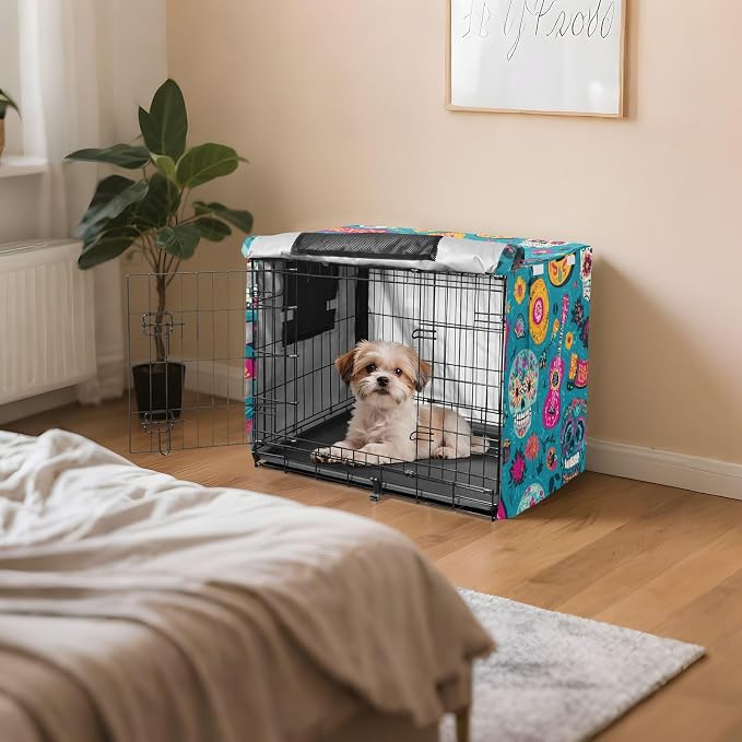 Dog Crate Cover Kennel Cover for Dog Cages Breathable for Wire Cage Indoor Outdoor Teal Fiesta Mexico Skulls Guitars - Image 7
