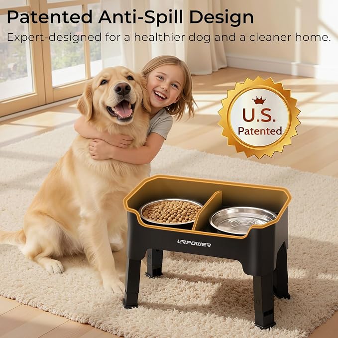 URPOWER Mess Proof Elevated Dog Bowls, Splash Guard Raised Bowl Stand | 4 Height Adjustable Raised Stand with 2 Stainless Steel Food Bowls & Licking Plate for Small, Medium & Large Dogs - Image 2