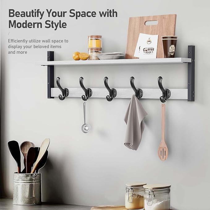 Tatub 29" Coat Rack Wall Mount with Shelf, Entryway Wall Hooks with Shelf, Coat Hangers for Bathroom, Living Room, Bedroom, Rustic White - Image 8