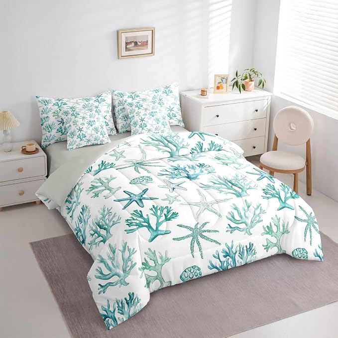 Erosebridal Shell Coral Starfish Comforter Set with Sheets, Summer Coastal Twin Bed in A Bag, Beach Nautical 7-Piece Bedding Set for Kids Boys Girls Teens Adults Bedroom Decor, Ocean Life Bed Sets - Image 2
