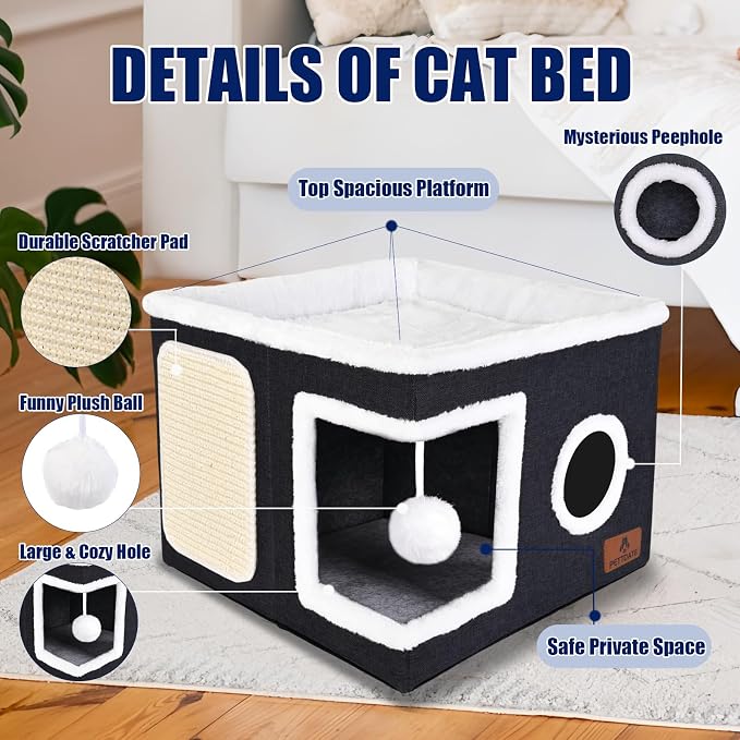 Cat Beds for Indoor Cats, Large Cat Cave Bed with Scratch Pad and Fluffy Ball, Foldable Cat Hideaway, Cat House with Reversible Cushion for Multi Small Pet Up to 30LBS, Dark Grey - Image 4