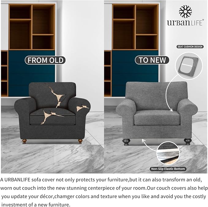 URBANLIFE 2-Piece Stretch Sofa Covers for 1 Cushion Couch, Light Gray | Super fitted spandex slipcovers for couches. Non-slip elastic bottom. Machine washable furniture protector for kids & pets. - Image 5