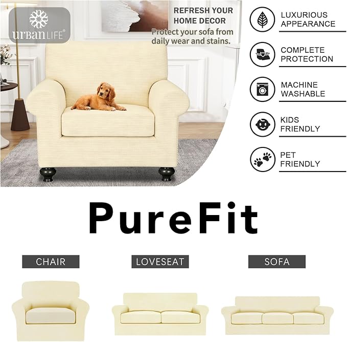 URBANLIFE 2-Piece Stretch Sofa Covers for 1 Cushion Couch, Cream | Super fitted spandex slipcovers for couches. Non-slip elastic bottom. Machine washable furniture protector for kids & pets. - Image 7
