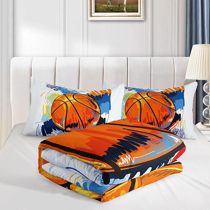 Basketball Comforter Set Hand Drawn Basketball Sports Comforter Sets Quilt with 1 Comforter and 2 Pillowcases for Kids Boys Girls Bedroom All Season（Basketball-3 Twin） - Image 4