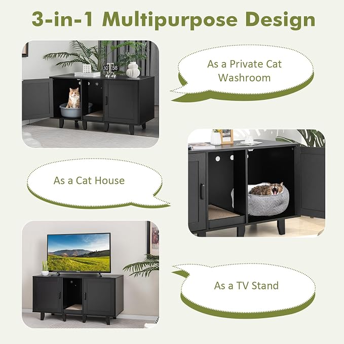 Tangkula Patented Double Cat Litter Box Enclosure for 2 Cats, Large Hidden Privacy Cat Washroom Cabinet with Scratching Board, Indoor Cat House TV Stand Side Table, Litter Box Furniture (Black) - Image 8