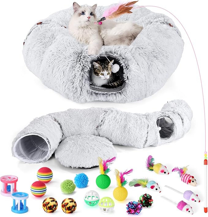 Cat Tunnel Bed with 20 Pcs Interactive Toys, 3-in-1 DIY Collapsible Plush Cat Tube with Washable Mat, Large Indoor Play Tunnel Cave for Kittens and Small Animals by Odoland