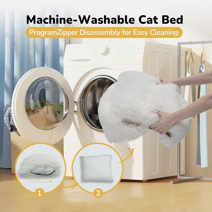 CATISM Cat Bed, Cat Cave for Indoor Cats, Soft Cat Dome, Self-Warming 2 in 1 Foldable Pet Cat House with Washable Cushioned Pillow Calming Fluffy Dog Beds for Small Dogs with Anti-Slip Bottom White | Warm Washable Anti-Slip Bottom Removable Fluffy Plus... - Image 6