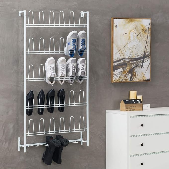 MyGift Matte White Metal Wall Mounted Shoe Rack, Holds 18 Pairs | Modern white metal wall shoe rack stores up to 18 pairs of shoes and boots while saving closet, mudroom, and entryway storage - Image 2