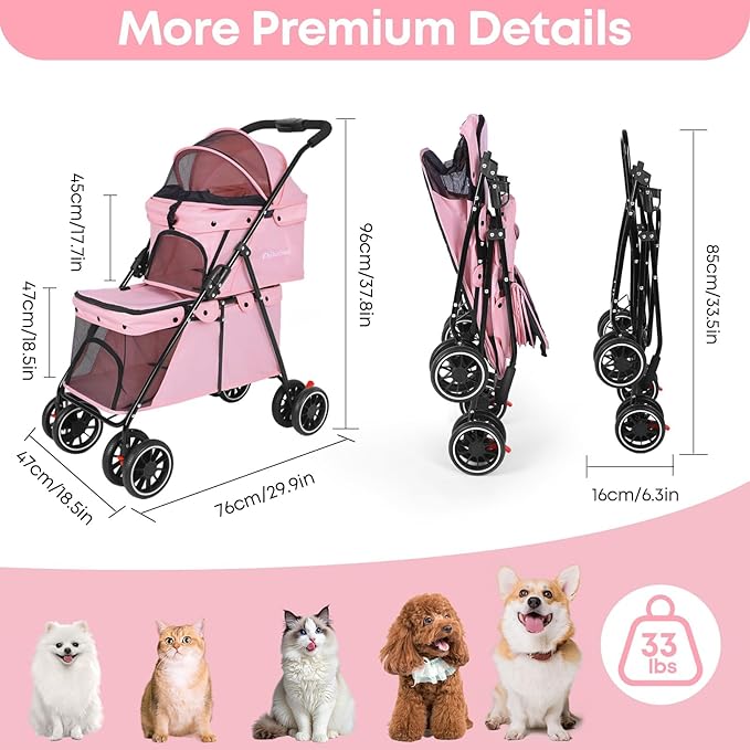 Double Pet Stroller for Dogs and Cats,Cat Strollers for 2 Cats,Double Dog Stroller for 2 Small Medium Dogs,4 Lockable Wheels/Lightweight/Folding,Pink