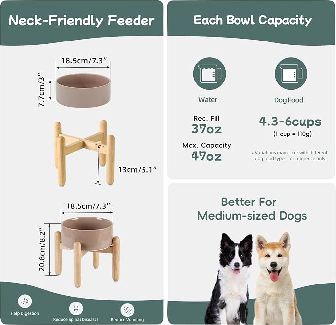 Havniva Elevated Dog Bowls Ceramic Dog Bowls with Stand, Dog Food Bowl | 7.3” Raised Dog Bowls with Non-Slip Wood Stand, Dog Food and Water Bowl Set, Dog Feeding Bowls for Medium Dogs - Image 2