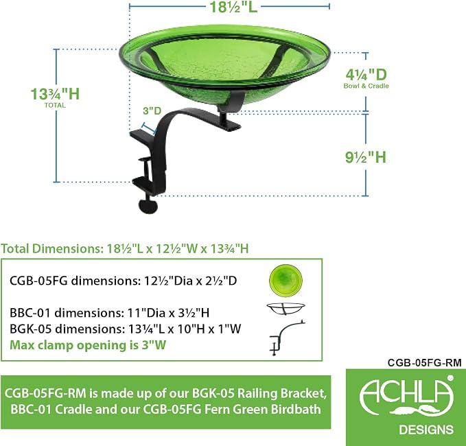Achla Designs CGB-05FG-RM 12 Inch Fern Green Crackle Rail Mount Bracket Birdbath - Image 2