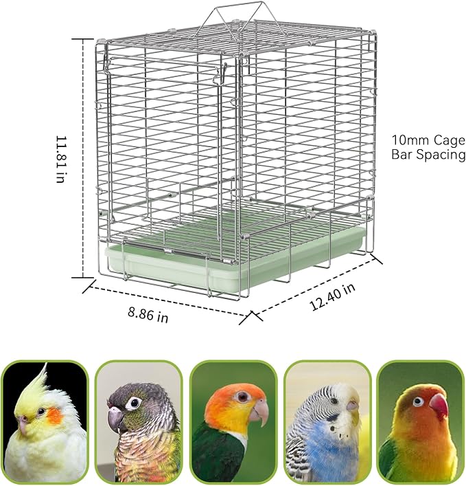 Bird Carrier Travel Cage - 304 Stainless Steel Portable Folding Bird Travel Cage with Parrot Feeder Cups & Standing Perch for Smaller Birds Conures Lovebird Cockatiel Parakeets (Green) - Image 4
