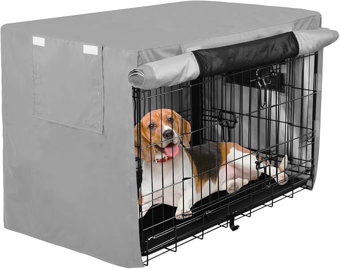Dark Gray Windproof Dog Crate Covers Easy to Install Dog Kennel Cover with Mesh Windows Large - Image 2