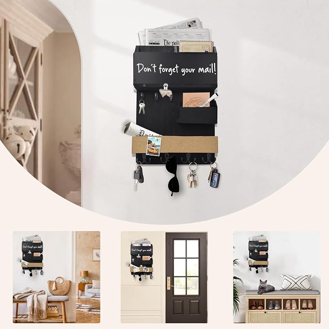 Mail Organizer Wall Mount，Key Holder Mail and Key Organizer for Wall with Shelf, Chalkboard, Corkboard, Home Decor for Room Office Entryway(Midnight Black) - Image 8