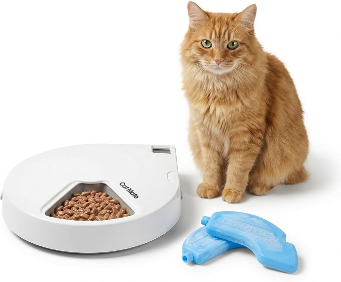 Cat Mate C500 Automatic 5 Bowl Digital Timer-Controlled Pet Feeder - for Cats and Small Dogs, Wet or Dry Food, Includes Twin Ice Packs, 5 Meals Up to 0.73 lb Each, White by CatMate