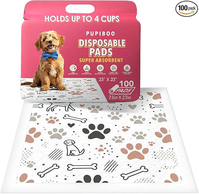 Pupiboo Disposable Dog and Cat Training Pads Highly Absorbent Pee Pads, Leak Proof Backing, for Housebreaking & Potty Training – 23x23 in (100 Count) by PUPIBOO