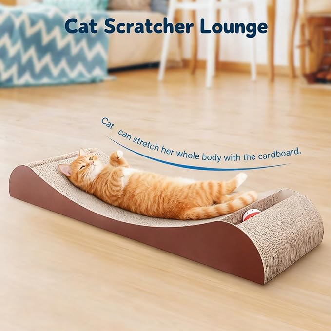 Simple Delxue Cat Scratcher Cardboard Lounge Bed with Bell Ball Toy, 30 Inches Large Horizontal Cat Scratcher Pad, 100% Recyclable & Reversible Durable Cardboard Scratching Board for Indoor Cats - Image 3