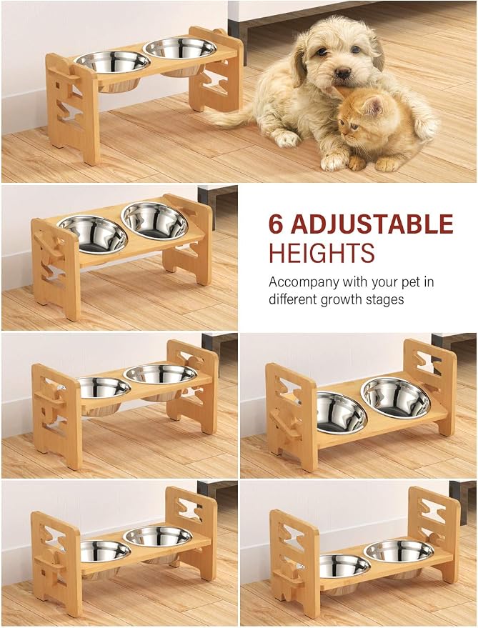 Vantic Elevated Dog Bowls, Raised Dog Bowl Stand Adjustable Small, Natural | Bamboo Elevated Feeder with 2 Stainless Steel Bowls, Adjustable Height Stand for Small Puppies and Cats - Image 3