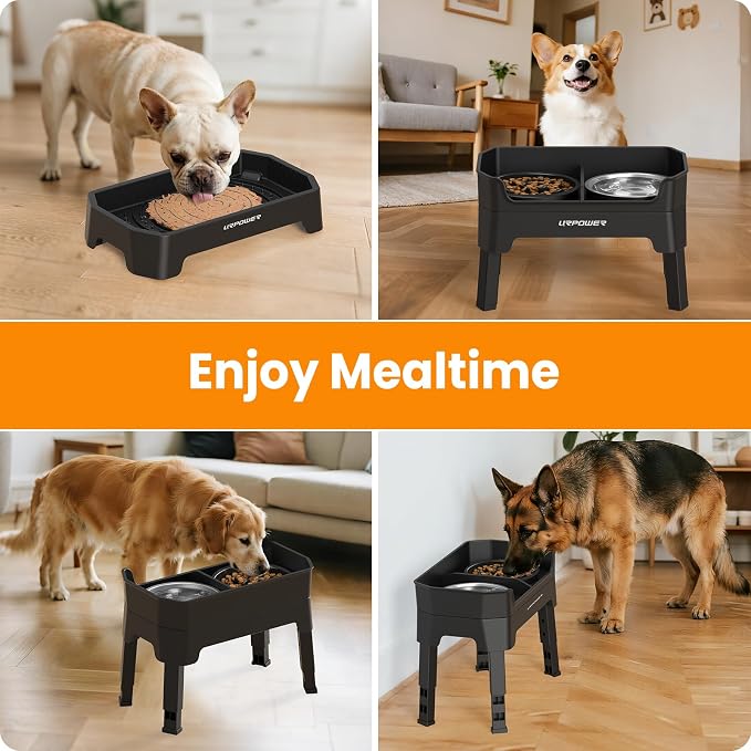 URPOWER 3-in-1 Elevated Dog Bowls with Slow Feeder & Licking Plate | 4 Height Adjustable Raised Stand with 2 Stainless Steel Food Bowls & Licking Plate for Small, Medium & Large Dogs - Image 8