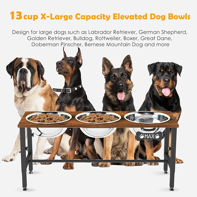XXLarge Wooden Elevated Dog Bowl Stand – 4 Adjustable Heights (11.8"-17.7"), Wooden & Metal with 3 Stainless Steel Bowls & Splash Pad for Large & Extra Large Breeds - Image 3