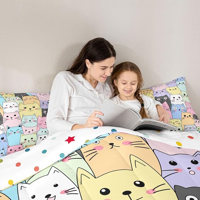 Feelyou Cat Comforter Set King Size for Girls Kids Cute Colorful Cat Bedding Cartoon Theme Children Room Decor Kawaii Kitten Ultra Soft Microfiber Bed Sets 3 Piece - Image 3