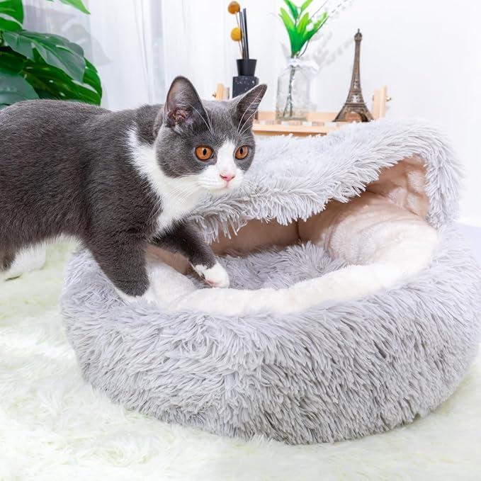 PetPals Round Cat Bed with Hoodie Cover and Removeable Washable Cushion | Super Soft Faux Fur Pet Bed with Cover for Puppies and Kittens or Ferrets Small Pets with Anti-Slip Bottom, Light Gray - Image 5