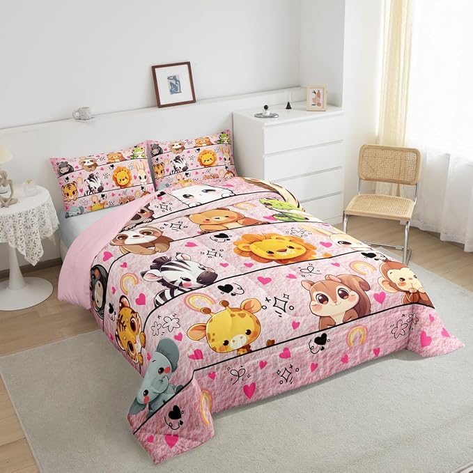 Manfei Cartoon Animals Bed Comforter Set Queen Size,Cute Wildlife Animals Super Soft Microfiber Bedding Set for Adults Men,Zebra Tiger Giraffe Girly Pink Decorative Comforter Set,3 Pcs - Image 4