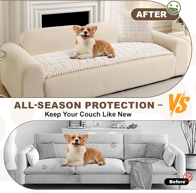 OTOB Couch Cover for Dogs Washable Pet Friendly, Non Slip Plush Fuzzy Love Seat Couch Covers Sofa Slipcovers, Geometric Jacquard Soft Pet Cushion Mat Protector All Seasons (Off White, 27.6" x 59.1") - Image 4