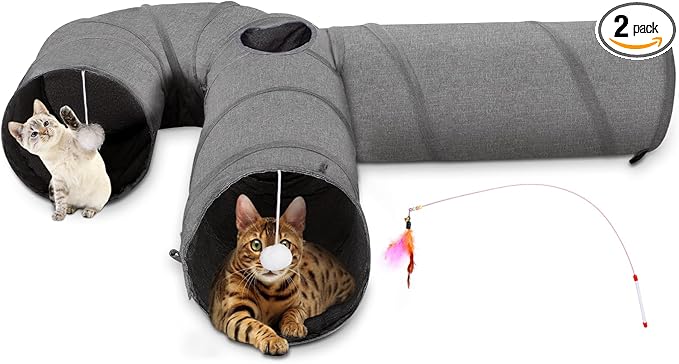 Ownpets Cat Tunnel Large 3 Way Collapsible Cloth Pet Tunnel Tube with Plush Ball & Feather Toy, U-Shaped Cat Play Tunnel for Indoor Cat, Puppy, Kitty, Kitten, Rabbit(Gray) by Ownpets