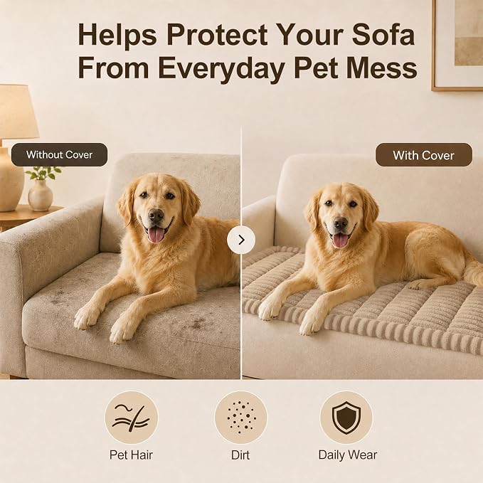 decorUhome Couch Cover for Dogs, Non Slip Fuzzy Thick Pet Sofa Protector | Pet Friendly, Machine Washable, Fits 3-Cushion Sofa, Protects Against Pet Hair & Daily Messes, Khaki, 27.6" x 70.9" - Image 5