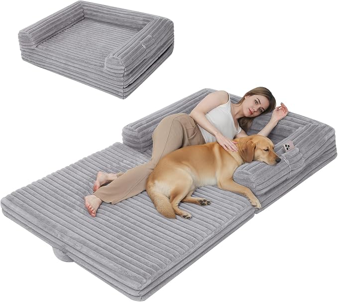 Human Dog Bed for Adults, Foldable Human Size Dog Bed | 2-in-1 Large Pet Sofa with Bolster, Orthopedic Egg Crate Foam, Calming Fluffy Pet Couch, Removable Cover, 71"x43"x10", Black by OutdoorFurnitureAccessories