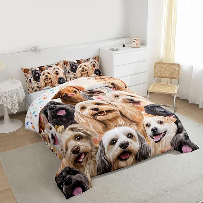 Dog Comforter Set Cute Pug Dog Kids Bedding Set for Boys Girls Teens Pet Comforter Flowers Branch Animal Decor Quilt Room 3Pcs Full Size - Image 2